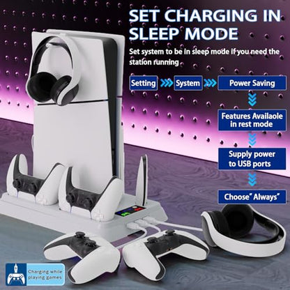 PS5/Slim/Pro Cooling Station for PlayStation 5 Console,PS5 Cooler Fan with Dual PS 5 Controller Charger Incl. 3 Level Fans,Headset,3 USB Hubs,PS5/Slim/Pro Stand for PlayStation 5 Console Accessories - color: Full-White