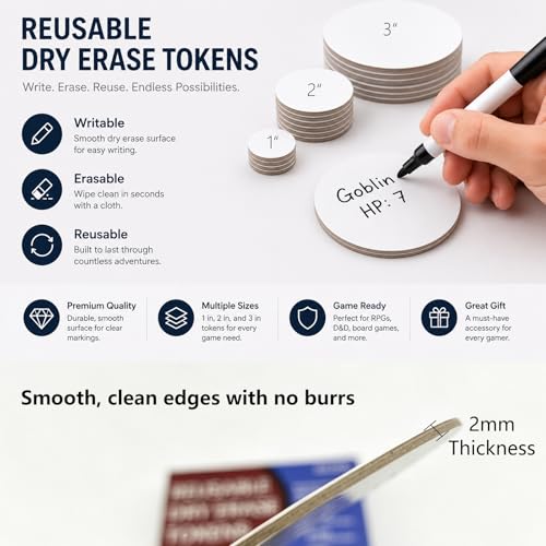 Dry Erase DND Tokens, 65 PCS RPG Set with 2 Erasers, 3 Sizes | Reusable Dry Erase RPG Tokens for DND Combat Tracking, Initiative, Conditions, Effects, MTG Counters, Tabletop Games and DIY
