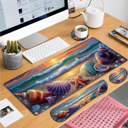 Large Gaming Mouse Pad+ Keyboard Wrist Rest Set, Ergonomics Memory Foam Mouse Mat Wrist Rest Support for Home Office, Waterproof Extended Mousepad 31.5x11.8in, Sea Waves Shells Desk Pad - color: Yvb-mousepad-9-f-168