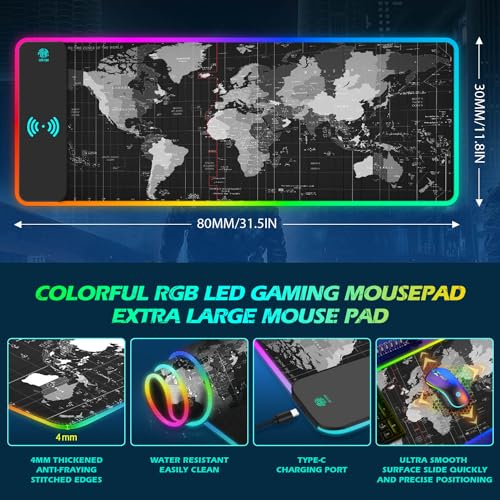 ToLuLu RGB Gaming Wireless Charging Mouse Pad, 5/7.5/10/15W LED Mouse Pad | 10 Light Modes Computer Keyboard Mat Mousepad, 800x300x4MM Extended Large Desk Mat for Gaming, MacBook, Laptop, PC, World Map - color: World Map