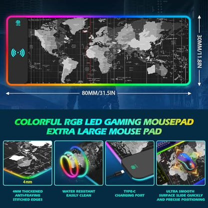 ToLuLu RGB Gaming Wireless Charging Mouse Pad, 5/7.5/10/15W LED Mouse Pad | 10 Light Modes Computer Keyboard Mat Mousepad, 800x300x4MM Extended Large Desk Mat for Gaming, MacBook, Laptop, PC, World Map - color: World Map
