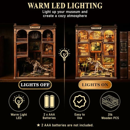 2026 Dinosaur Book-Nook Kits LED 3D Wooden Dino Library Puzzles Fossil Museum Themed Gift for Adults&Teen Kids DIY Miniature House Diorama- Bookshelf Room Decor with LED Softer Light, Bday Present