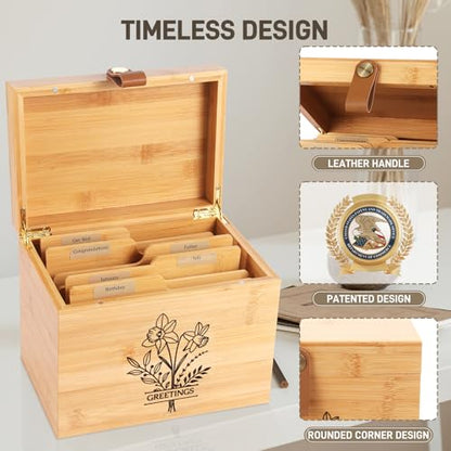 Large Bamboo Greeting Card Organizer Box with 6 Removable Dividers, Real Leather Handle, 100% Handmade Solid Bamboo, Storage Box for Christmas, Valentine, & Birthday Cards, Postcards, Stationery - color: Wood