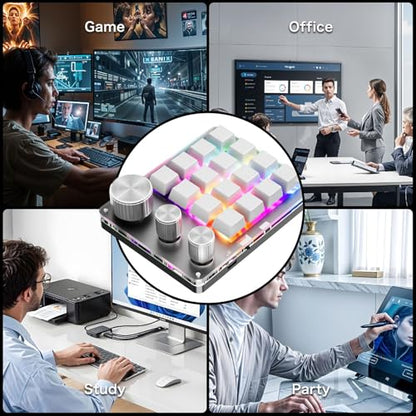 Programmable Macro Keyboard, 16 Keys 3 Knob Mini Mechanical Gaming Keypad Multifunctional Macropad with USB Wired Bluetooth Mode Volume Controller (White) - color: White
