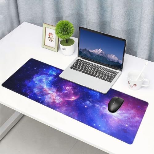Large Gaming Mouse Pad Desk Mat, Purple Blue Galaxy Nebula Extended Keyboard Mouse Pad Mousepad with Non-Slip Base and Stitched Edge Mouse Mat Desk Pad Mouse Pads for Desk Home Office, 31.5 x 11.8 - color: Purple Blue Galaxy