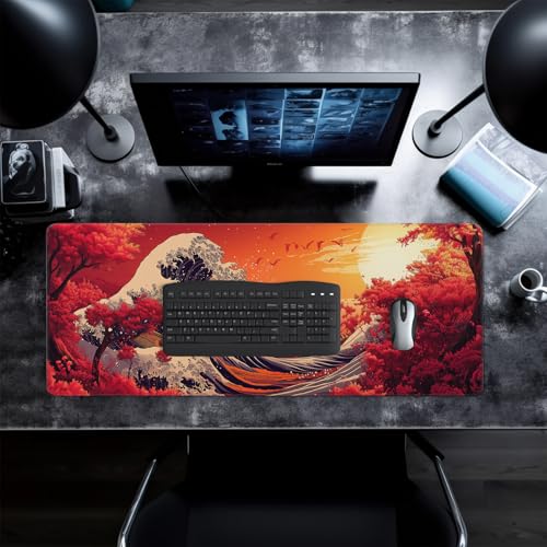 Red Japanese Sea Wave Mouse Pad Abstract Red Mouse Pad 31.5x11.8 Inch Texture Non-Slip Rubber Base Large Mousepad Stitched Edges Keyboard Mouse Mat Desk Pad for Office and Home - color: Red Japanese Sea Wave
