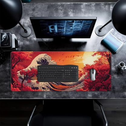Red Japanese Sea Wave Mouse Pad Abstract Red Mouse Pad 31.5x11.8 Inch Texture Non-Slip Rubber Base Large Mousepad Stitched Edges Keyboard Mouse Mat Desk Pad for Office and Home - color: Red Japanese Sea Wave