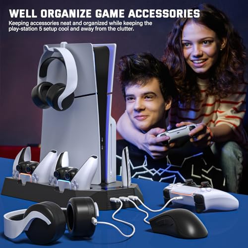 PS5 Slim Cooling Station with Controller Charging Station for PlayStation 5 Console Slim&Standard Disc/Digital, PS5 Cooling Stand Accessories with Cooler Fan/3 USB Hubs/Media&Headset Holder - Black - color: For PS5 Slim+PS5 Black