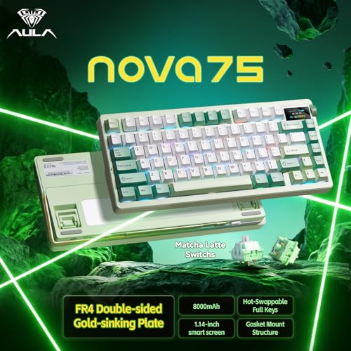 Aula Nova75 Mechanical Gaming Keyboard,Wireless Green Keyboard with Knob | Tri-mode Bluetooth/2.4GHz/USB-C,RGB Backlit,FR4 Plate,Hot Swappable Pre-lubed Switches,Programmable PBT Keycaps,8000mAh - color: White&Green