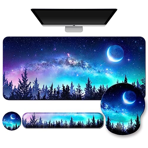 4 in 1 Mouse Pad Set with Wrist Rest for Keyboard,Desk Mat,Coaster-Forest | Desk Matt for Desktop Cute Ergonomic Keyboard Pad Support For Gaming Computer Women Office Home Decor - color: A3-Forest and Moon