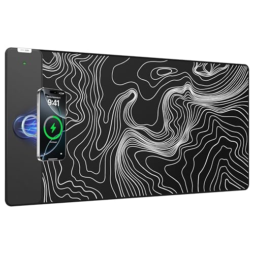 Magnetic Wireless Charging Mouse Pad, 31.5"x15.8" Large Desk Mat | Waterproof Mousepad, Smooth Glide, Stitched Edge, Non-Slip Rubber Base, Desk Pad Computer Keyboard Mat, No Adapter - color: Black-31.5"x15.8"-Mag-Contour