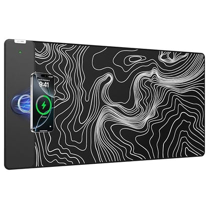 Magnetic Wireless Charging Mouse Pad, 31.5"x15.8" Large Desk Mat | Waterproof Mousepad, Smooth Glide, Stitched Edge, Non-Slip Rubber Base, Desk Pad Computer Keyboard Mat, No Adapter - color: Black-31.5"x15.8"-Mag-Contour