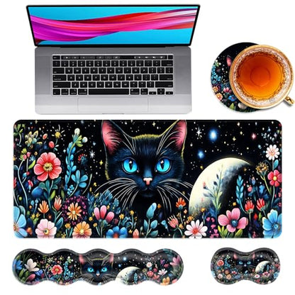 Large Mouse Pad and Keyboard Wrist Rest, Desk Pad for Keyboard and Mouse, 4-in-1 Large Gaming Mouse Pad with Wrist Support, Desk Mat for Home Office Study Game,Black Cat Flower - color: Black Cat Flower