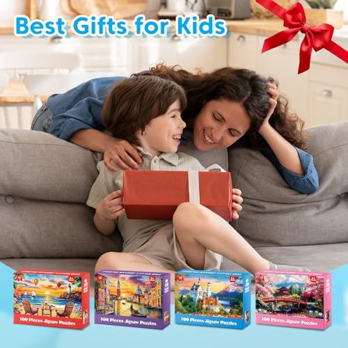 100 Piece Puzzle World Famous Landscapes Jigsaw Puzzles Large Piece Puzzles for Adult Seniors Kids Puzzles for Kids Ages 4-6 6-8 Learning Educational Toys Gifts for Girls Boys 4 Packs - style: World Famous Landscapes