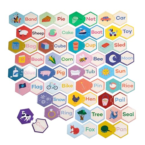 eeBoo Hexagon Puzzle Pairs - Simple Words, 33 Self-Correcting Pairs, Match Pictures to Words, Pre-Reading Activity for Preschool Kids Ages 3 and up - style: Simple Words