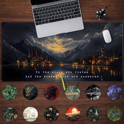 Starry Night Mountain Desk Pad Mat Moon Oil Painting XXL Black Mouse Pad for Gaming Deskpad, Aesthetic Moon and Stars Mousepad Xxl for Laptop Computer Mouse Game Keyboard Mat, 31.5 X 15.8 In - color: Night Castle