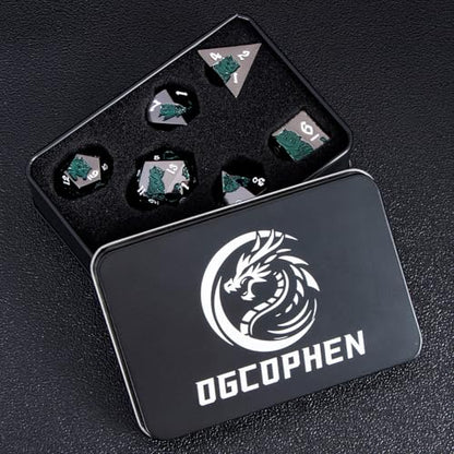 Metal DND Cat Dice 7PCS Polyhedral RPG Dice Set with Gift Case for Dungeons Dragons Role Playing Game, D and D Dice D6 D8 D10 D12 D20 D% (Green Black) - color: Cat-black Green