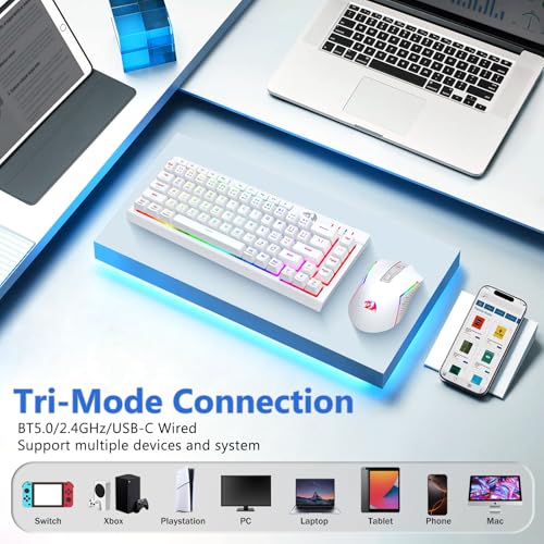 Redragon Wireless Gaming Keyboard and Mouse Combo, 60% Portable, White | Bluetooth/2.4G/USB-C Wired, RGB Backlit, Quiet Rechargeable Macro Membrane Keyboard & 12800 DPI Mouse for Win/MAC - color: White Combo