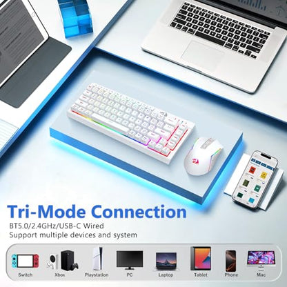 Redragon Wireless Gaming Keyboard and Mouse Combo, 60% Portable, White | Bluetooth/2.4G/USB-C Wired, RGB Backlit, Quiet Rechargeable Macro Membrane Keyboard & 12800 DPI Mouse for Win/MAC - color: White Combo