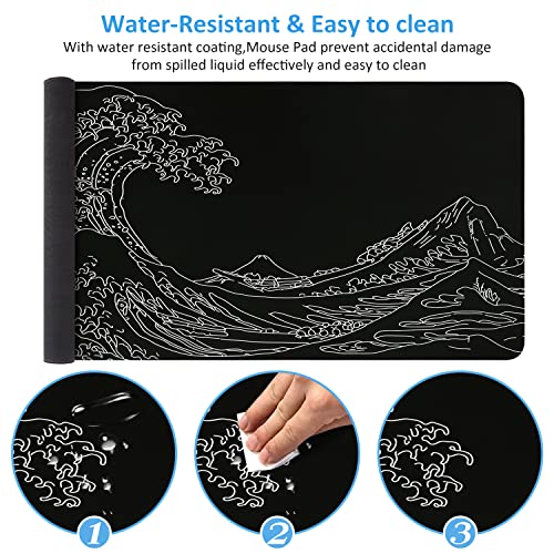 iCasso Mousepad,Gaming Mouse Pad,Black Wave of Kanagawa | Large Desk Mat,Big Rubber Base Mouse Mat with Stitched Edges,Computer Keyboard Desk Pad for Work Office Home - color: Black Wave of Kanagawa