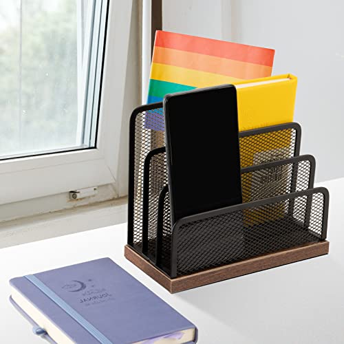 Wooden Desk Mail Organizer, Desktop File Organizer Metal Mesh with 3 Vertical Upright Compartments, Mail Sorter Letter Organizer Rack for Letters, Postcards, Brochures, Mail Holder (2 Pack Black)