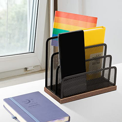Wooden Desk Mail Organizer, Desktop File Organizer Metal Mesh with 3 Vertical Upright Compartments, Mail Sorter Letter Organizer Rack for Letters, Postcards, Brochures, Mail Holder (2 Pack Black)