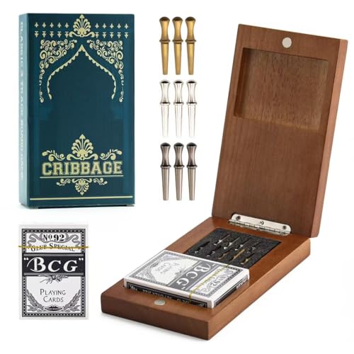 Wooden Cribbage Board Game Set, Travel Cribbage Board with Storage and Collapsible, with Magnetic Lock / 9 Metal Pegs/Full Deck of Cards, Family Board Games for Adults