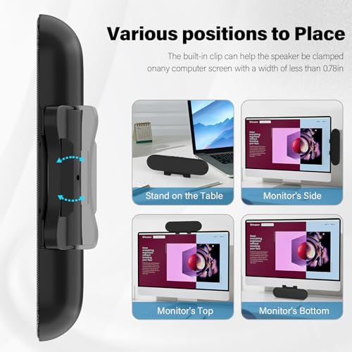 LXTNFU Computer Speakers for Desktop Monitor,Single Speakers for Desktop PC,Laptop Speaker with Loud Sound,Volume Control Easily Clamps to Monitors(USB-C to USB Adapter Included) (Black) | Loud Stereo Sound,Rich Bass, Easy Clip-On for Monitor, 3-Button Vo