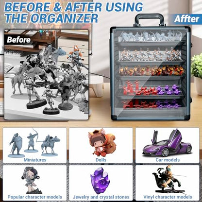 ORKELS Miniatures Storage Case with 5 Metal Tray, Clear Display Transport Case with Lock, Aluminum Alloy Frame Organizer for Mini Action Figures, Collectibles