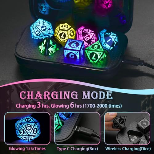 LED DND Dice Set, Light up Dice Rechargeable for RPG DM Gifts, RGB | ZHOORQI D and D Polyhedral Dice with Charging Box, Glow in The Dark Dice Easy Reading for Dungeons and Dragons TTRPG - color: Rgb-shackles