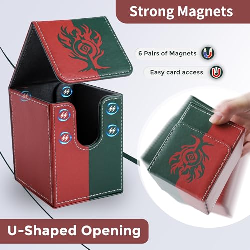 Card Deck Box with 2 Dividers, MTG Commander Deck Box Holds 100+ Double-Sleeved Cards, Leather Magnetic Deck Case Compatible with Magic TCG CCG Cards, Red/Green - color: 1. Red & Green, size: 100 Double-sleeved Cards Vertical