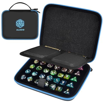 Hard DND Dice Case for 5 Polyhedral Dice Sets, Case Only | Hard shell dice case, holds 5 polyhedral sets, with removable divider and dual mesh pockets for DND/RPG game nights - color: Blue