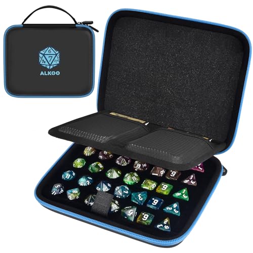 Hard DND Dice Case for 5 Polyhedral Dice Sets, Case Only | Hard shell dice case, holds 5 polyhedral sets, with removable divider and dual mesh pockets for DND/RPG game nights - color: Blue
