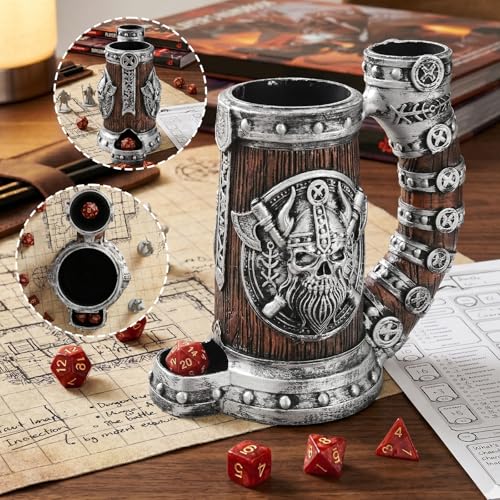 Dice Tower Mug, Dice Rolling Tower, Comes With 7 PCS Dice Set, Suitable for Dnd Dungeons And Dragons, Tabletop Games, Available As Drink Holder, D&D Gifts, Dnd Accessories (Silver-brown skull) - color: Silver-brown Skull