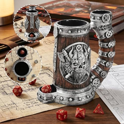 Dice Tower Mug, Dice Rolling Tower, Comes With 7 PCS Dice Set, Suitable for Dnd Dungeons And Dragons, Tabletop Games, Available As Drink Holder, D&D Gifts, Dnd Accessories (Silver-brown skull) - color: Silver-brown Skull