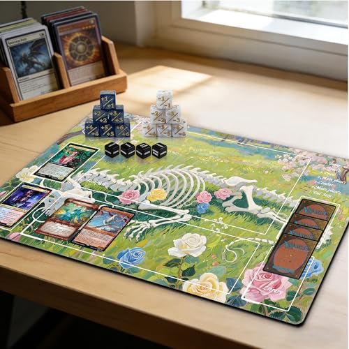 MTG Playmat with Storage Tube & 7-Dice Set - Waterproof TCG Playmat with Stitched Edges, Non-Slip Rubber Card Game Mat (24"x14") (playmat with Zones, Dragon Bone Flower Sea) - color: Dragon Bone Flower Sea, style: playmat with zones