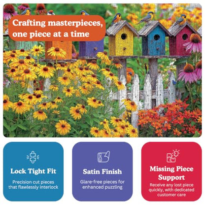 Cross & Glory | 1000 Piece Jigsaw Puzzles for Adults | A Fence Full of Song | Colorful Birdhouses, Garden Flowers & Butterflies | Bright Nature Puzzle | 2mm Thick Pieces | Satin Finish | Ages 14+ - color: A Fence Full of Song