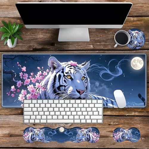 Large Gaming Mouse Pad Set with Wrist Support – 31.5" x 11.8" 4-in-1 XXL Mousepad with Keyboard Wrist Rest, Mouse Wrist Rest & Coaster – Ergonomic Desk Mat for Office, Home – White Tiger Flower - color: White Tiger Flower
