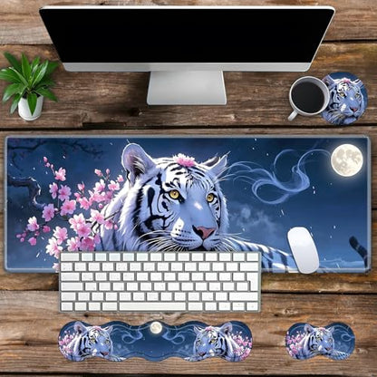 Large Gaming Mouse Pad Set with Wrist Support – 31.5" x 11.8" 4-in-1 XXL Mousepad with Keyboard Wrist Rest, Mouse Wrist Rest & Coaster – Ergonomic Desk Mat for Office, Home – White Tiger Flower - color: White Tiger Flower