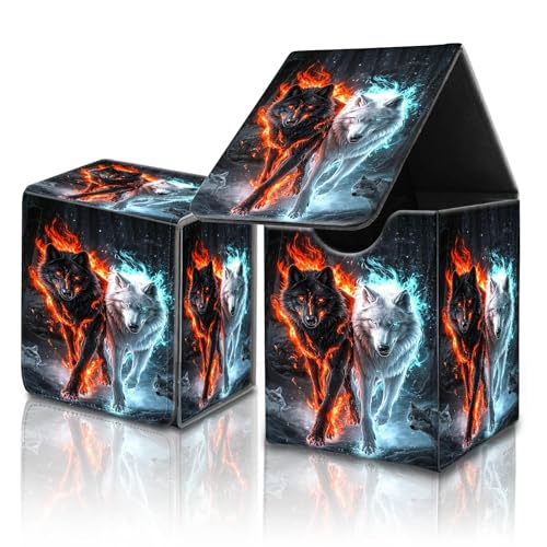 for MTG Commander Card Deck Box,Trading Card Storage Box with Magnetic Closure,Fits 120+ Single Sleeved Cards,Deckbox,Fits Sports TCG/CCG/MTG Accessories,﻿Fire Ice Wolf - color: Fire Ice Wolf