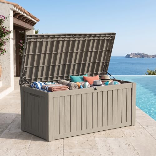 Outdoor Storage Box, 150 Gallon Waterproof Deck Box [Upgraded 3.0], Piston-Assisted Resin Trunk for Sectional Sofa Cushions, High-Capacity Lockable Double Storage Bench, Patio Lounge, Grey - color: Grey, size: 150 Gallon 3.0