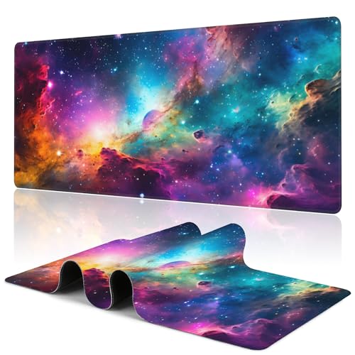 Desk Mat,Cosmic Aurora Line Gaming Mouse Pad,31.5""X15.7"" Large Desk Pad with Stitched Edge Non-Slip Base Keyboard Big Mouse Pad for Office Home Work Gaming, WDQ-D06 - color: Colorful Cosmic Space