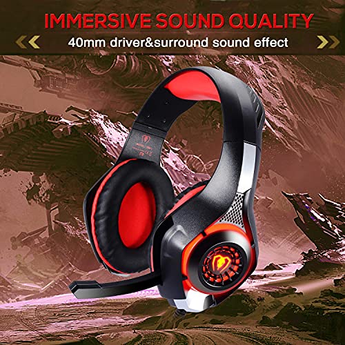 Stereo Gaming Headset for PlayStation 4 PS4, Over-Ear Headphones With Mic and LED Lights for Xbox One, PC, Laptop (Red)