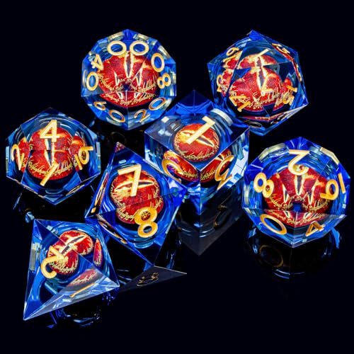 ARUOHHA DND Resin Dice Gazes Eye Dice Golden Blue Liquid Core Flaming RPG Sharp Edged Dice Set with Gift Box, Polyhedral D and D Dice Set Compatible with Dungeons Dragons Role Playing Game D20 D6 - color: Sl01-blue Gold