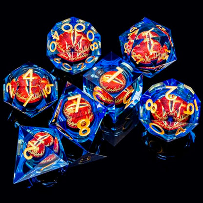 ARUOHHA DND Resin Dice Gazes Eye Dice Golden Blue Liquid Core Flaming RPG Sharp Edged Dice Set with Gift Box, Polyhedral D and D Dice Set Compatible with Dungeons Dragons Role Playing Game D20 D6 - color: Sl01-blue Gold