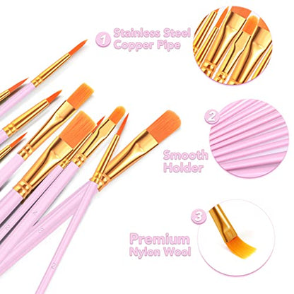 ESRICH Acrylic Paint Brushes Set, 8Packs 80 Pcs, Nylon Hair Brushes | Nylon Brush Head for Oil Painting, Gouache, Face,Ceramics etc, Kid's and Adults Painting Arts and Crafts Paint Set - color: Pink, size: 80