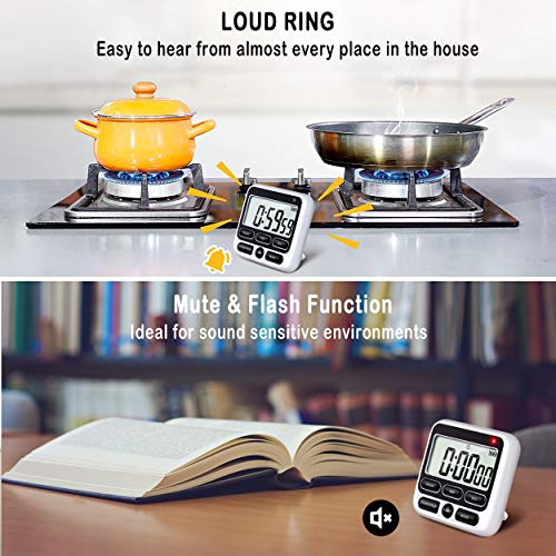 4-in-1 Digital Timer with Count Up/Down, Clock & Alarm, Ring & Silent Modes | Large 2.8-Inch easy-read LCD, On/Off switch, 24-Hour count up/down, Fast-forward function, Magnetic back, stand, hanging hole - color: Black