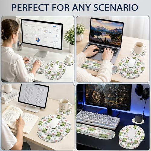 Cute Frog Wrist Rest Mouse Pad and Keyboard Support Set,Lotus Flower 3 in 1 Ergonomic Memory Foam Mousepad with Non Slip Base, Gaming Mouse Pad for Office and Home - color: Cute Frog Lotus Flower