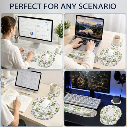 Cute Frog Wrist Rest Mouse Pad and Keyboard Support Set,Lotus Flower 3 in 1 Ergonomic Memory Foam Mousepad with Non Slip Base, Gaming Mouse Pad for Office and Home - color: Cute Frog Lotus Flower