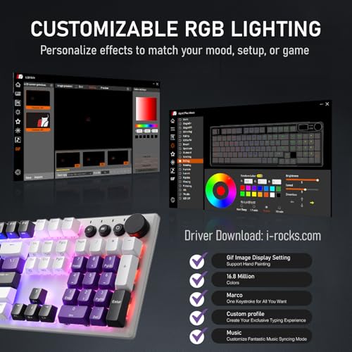 iRocks K74R Wireless RGB Illuminated Mechanical Gaming Keyboard, Hot-Swappable Switches, Floating Design, PBT 107 Keys NKRO, Detachable USB-C Cable - White Amethyst (Brown Switches) - color: White Amethyst, size: Brown Switches